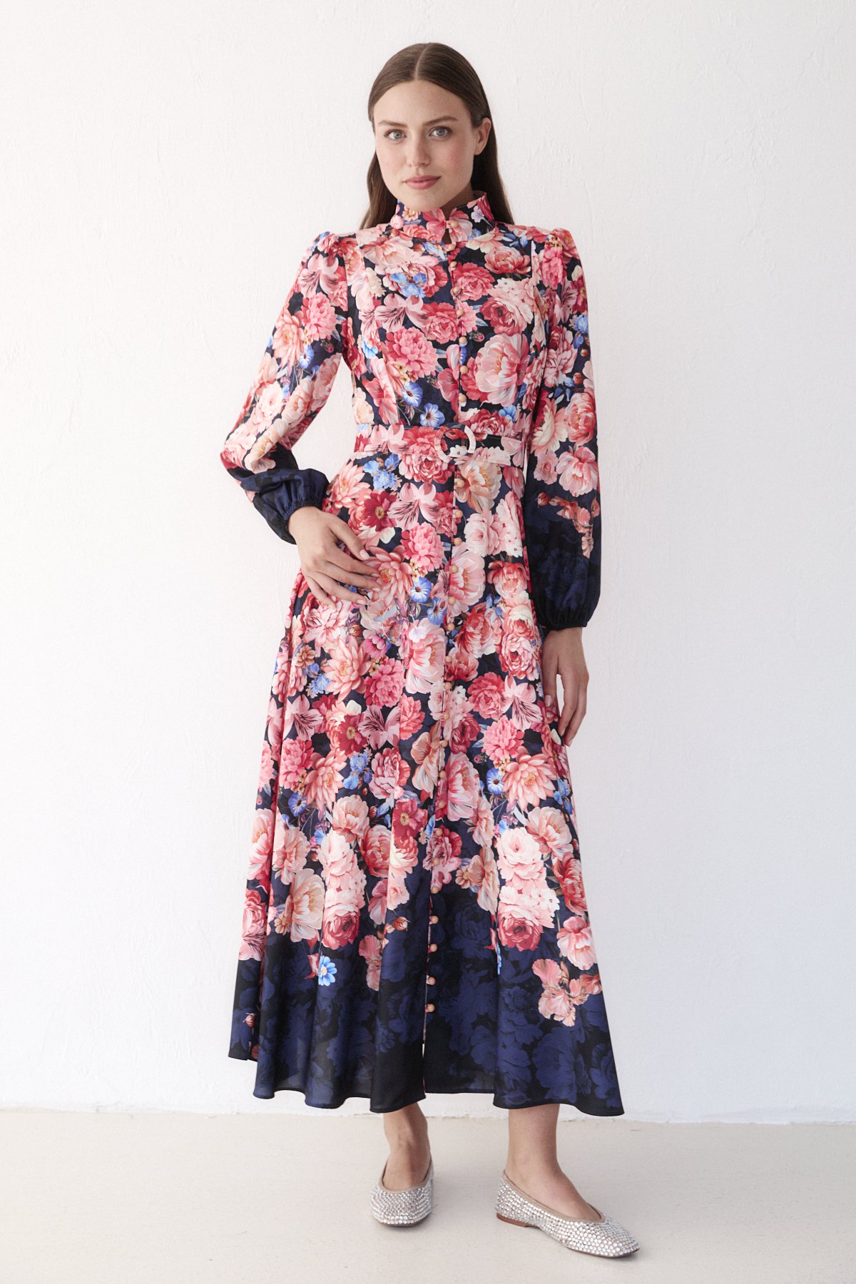Desenli Kemerli Elbise 32-2365