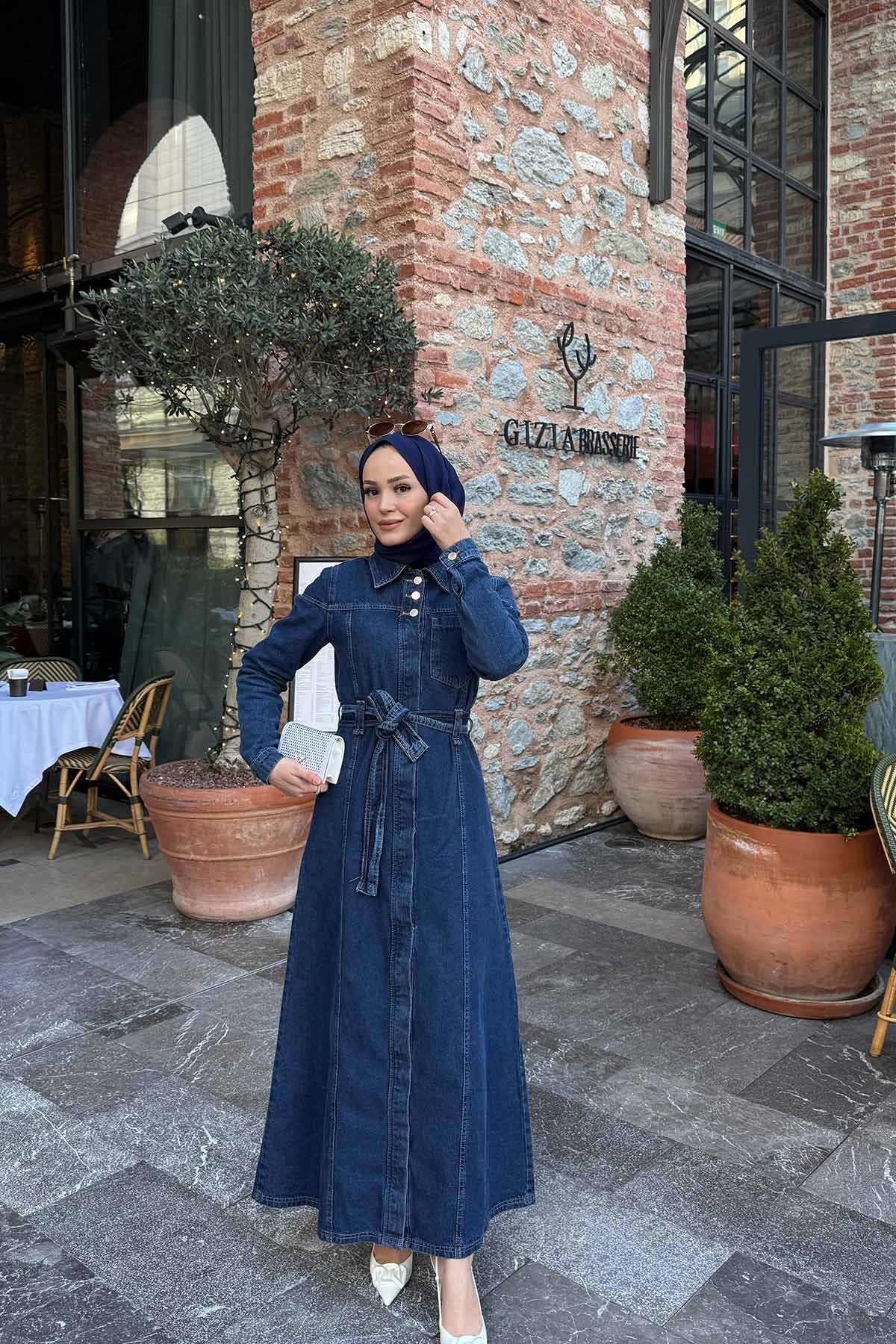 Kuşaklı Kot Elbise 3-00599