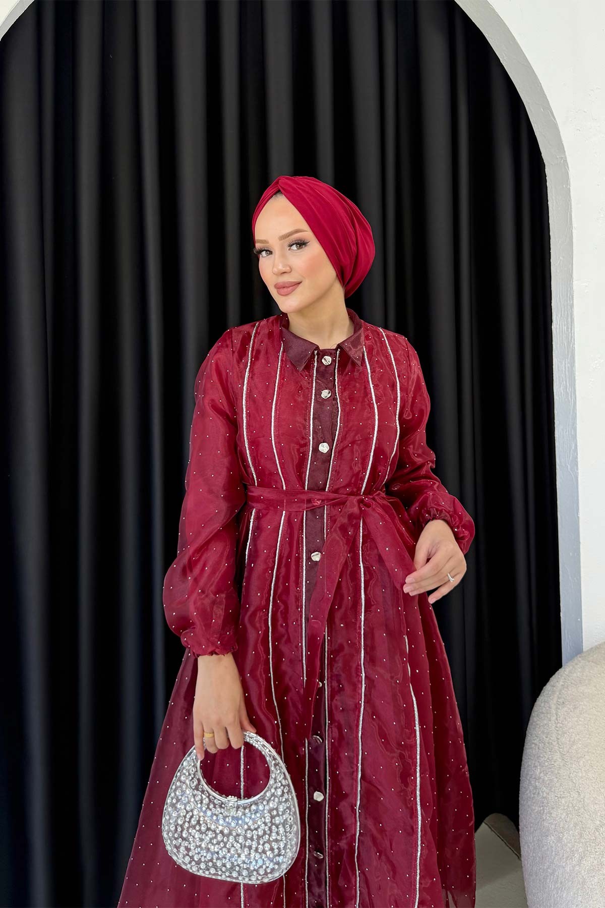 Organze Taşlı Elbise 32-3554