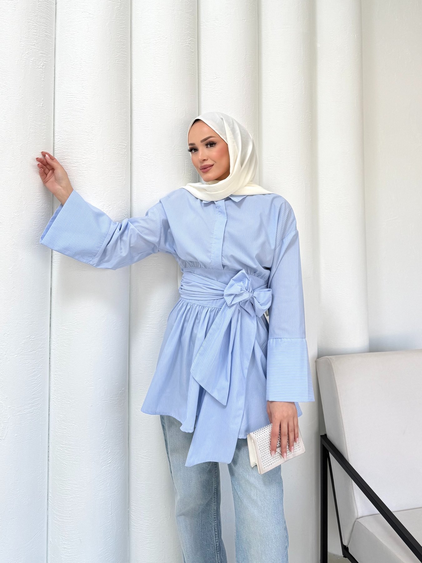 Çizgili Kuşaklı Poplin Gömlek 3-3324