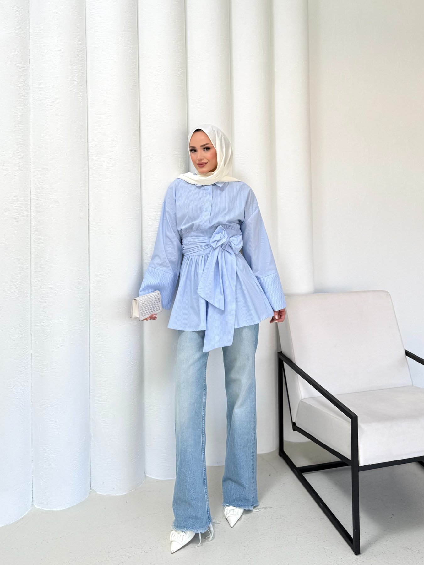 Çizgili Kuşaklı Poplin Gömlek 3-3324