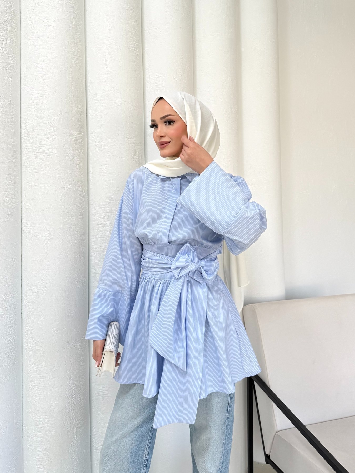 Çizgili Kuşaklı Poplin Gömlek 3-3324