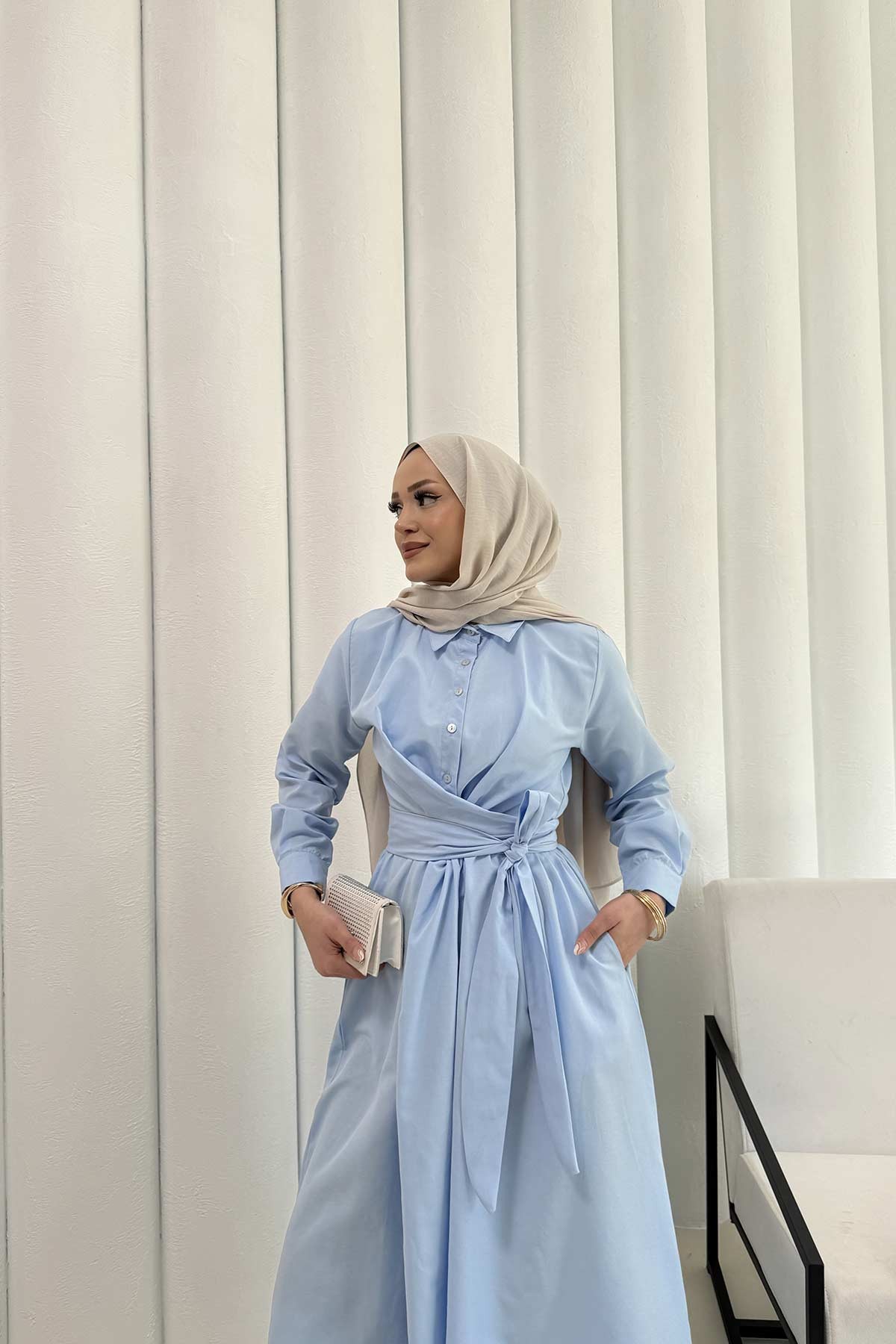 Bağlamalı Poplin Elbise 68-6163