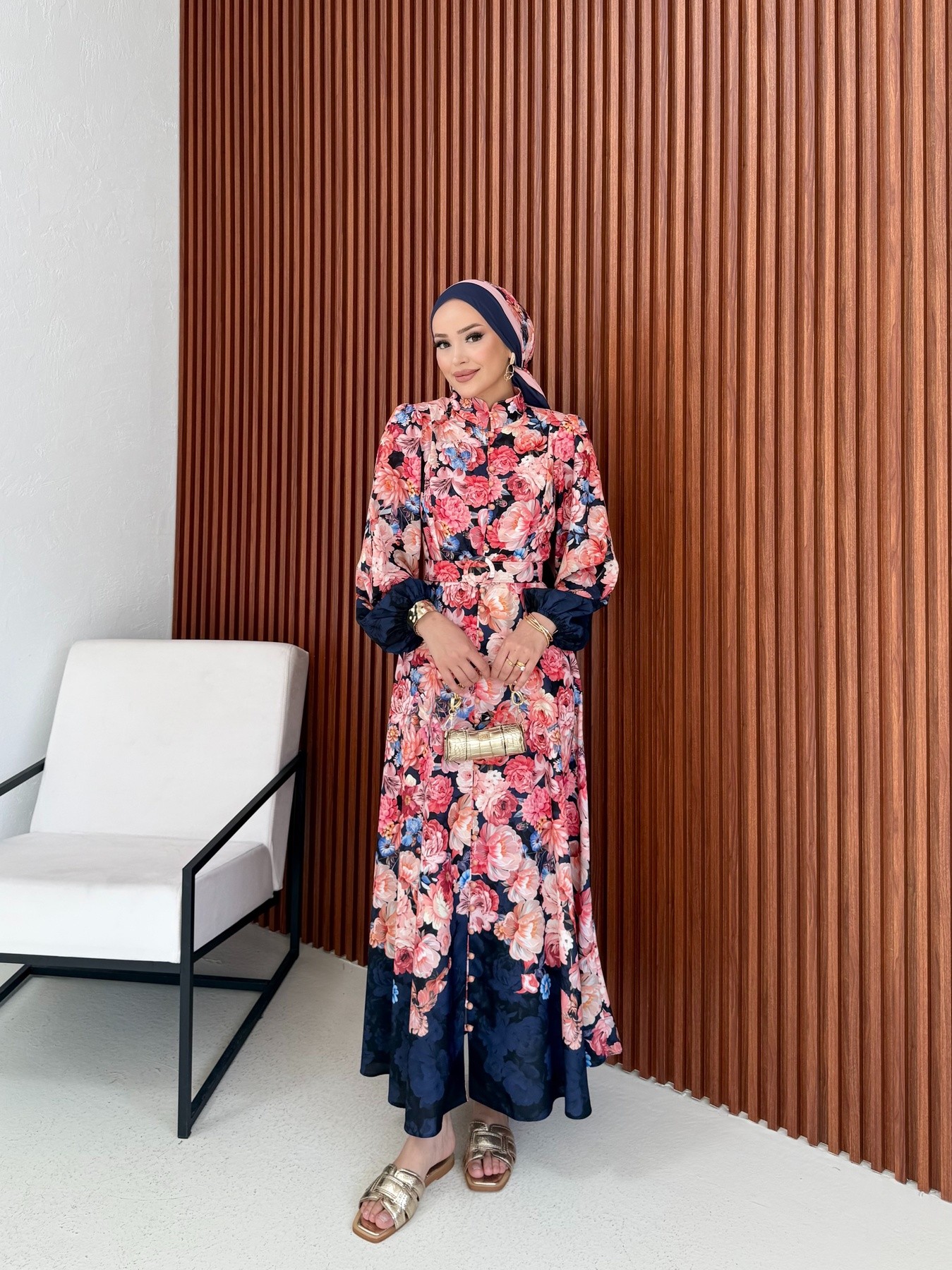 Desenli Kemerli Elbise 32-2365