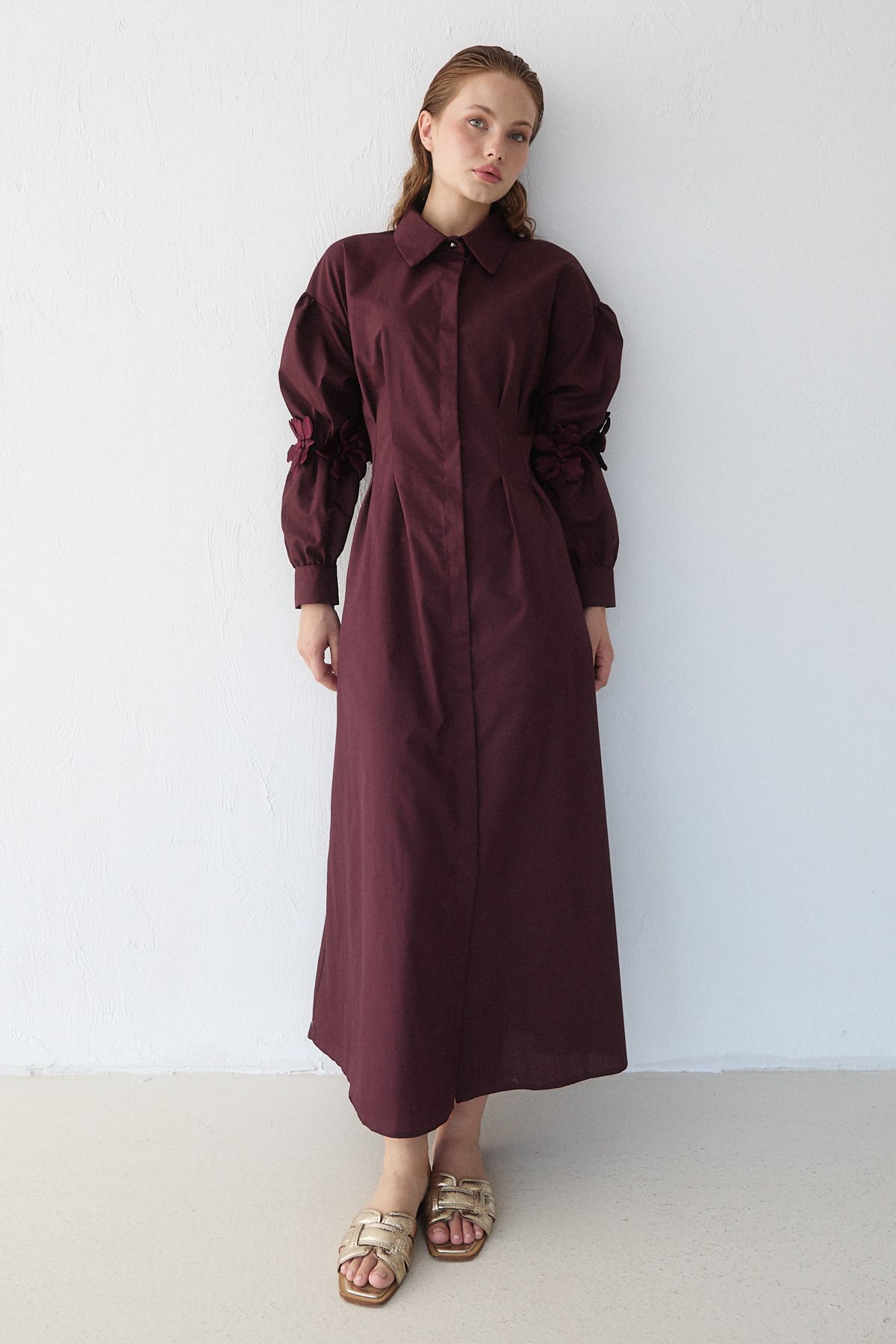 Çiçek Detaylı Poplin Elbise 32-2377