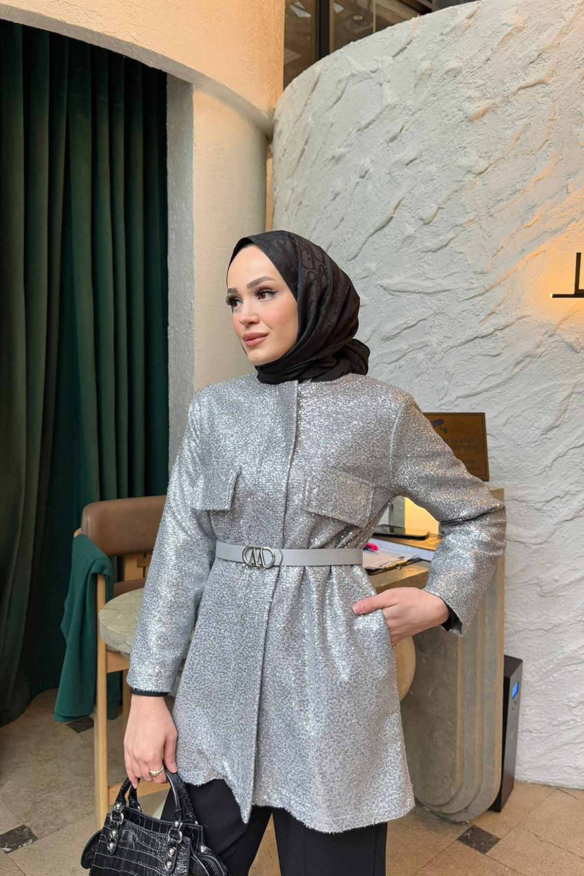 Kemerli Payetli Ceket 32-3503