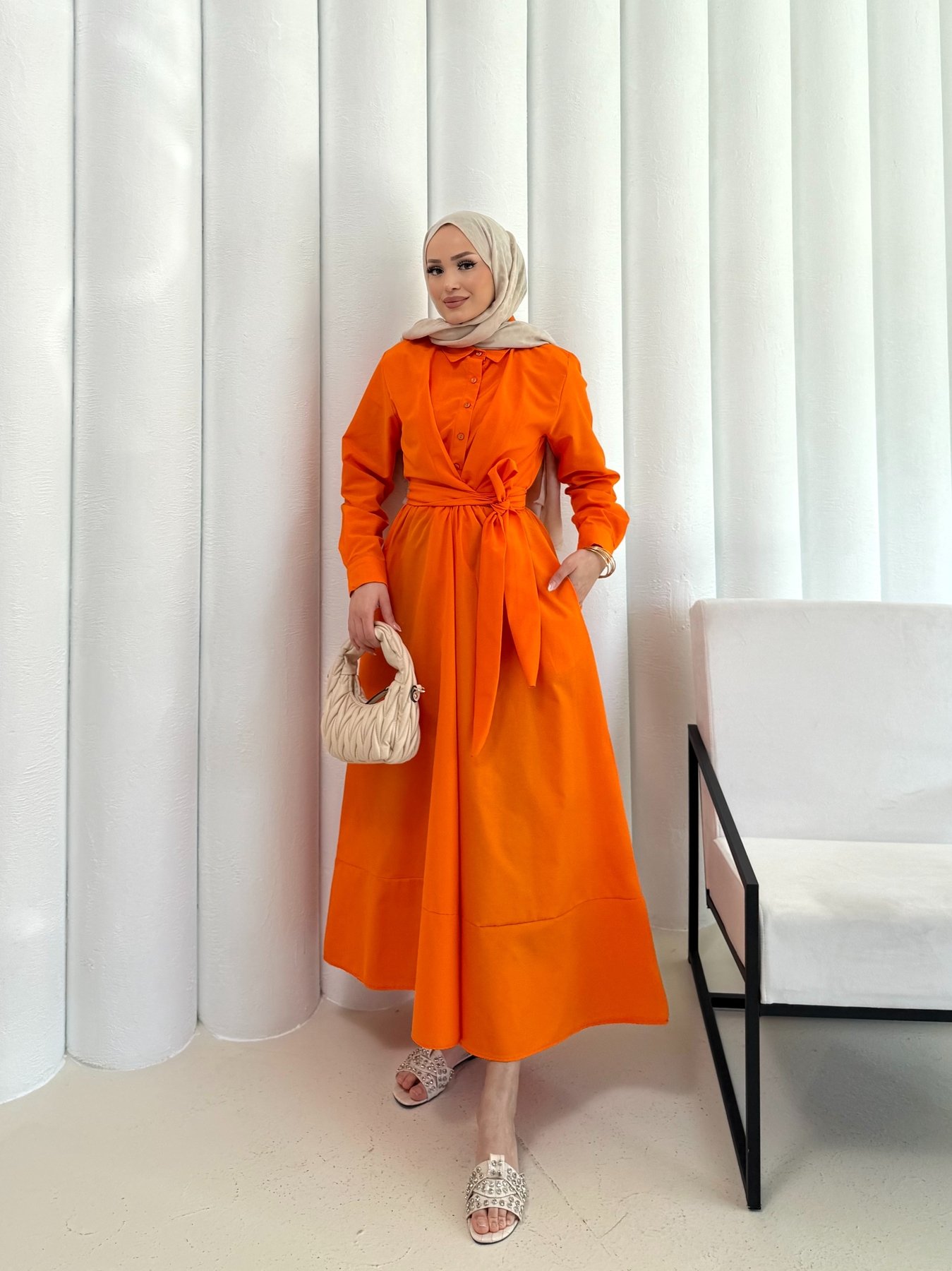 Bağlamalı Poplin Elbise 68-6163