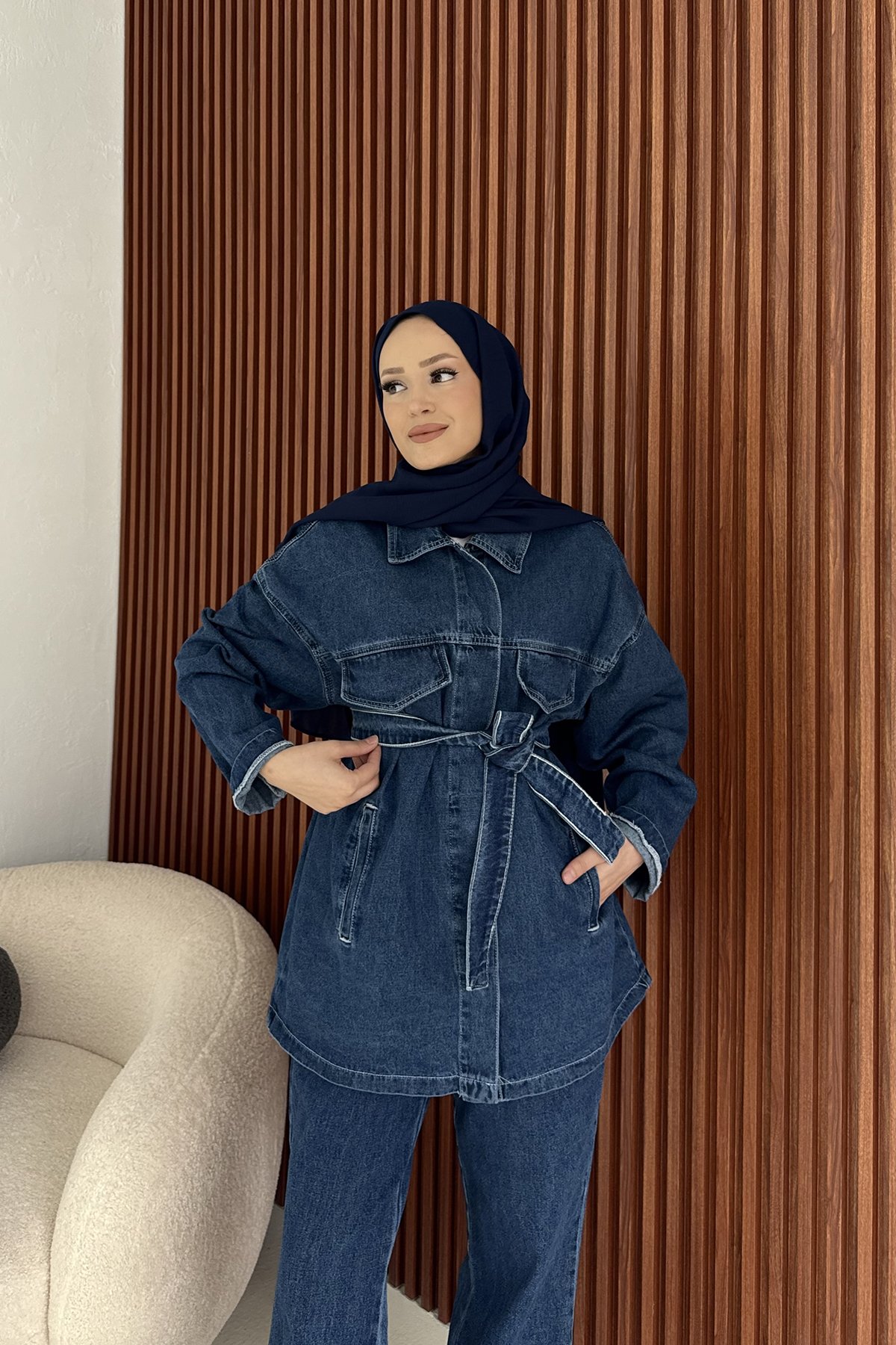 Kuşaklı Denim Takım 3-597