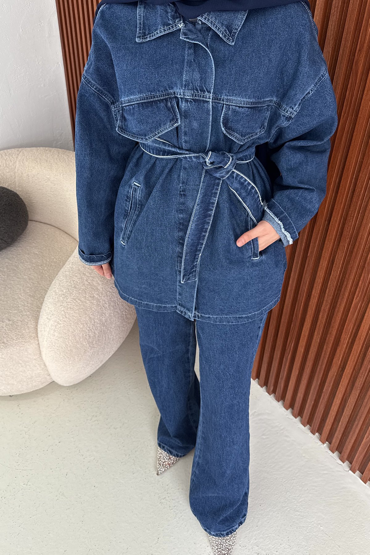 Kuşaklı Denim Takım 3-597