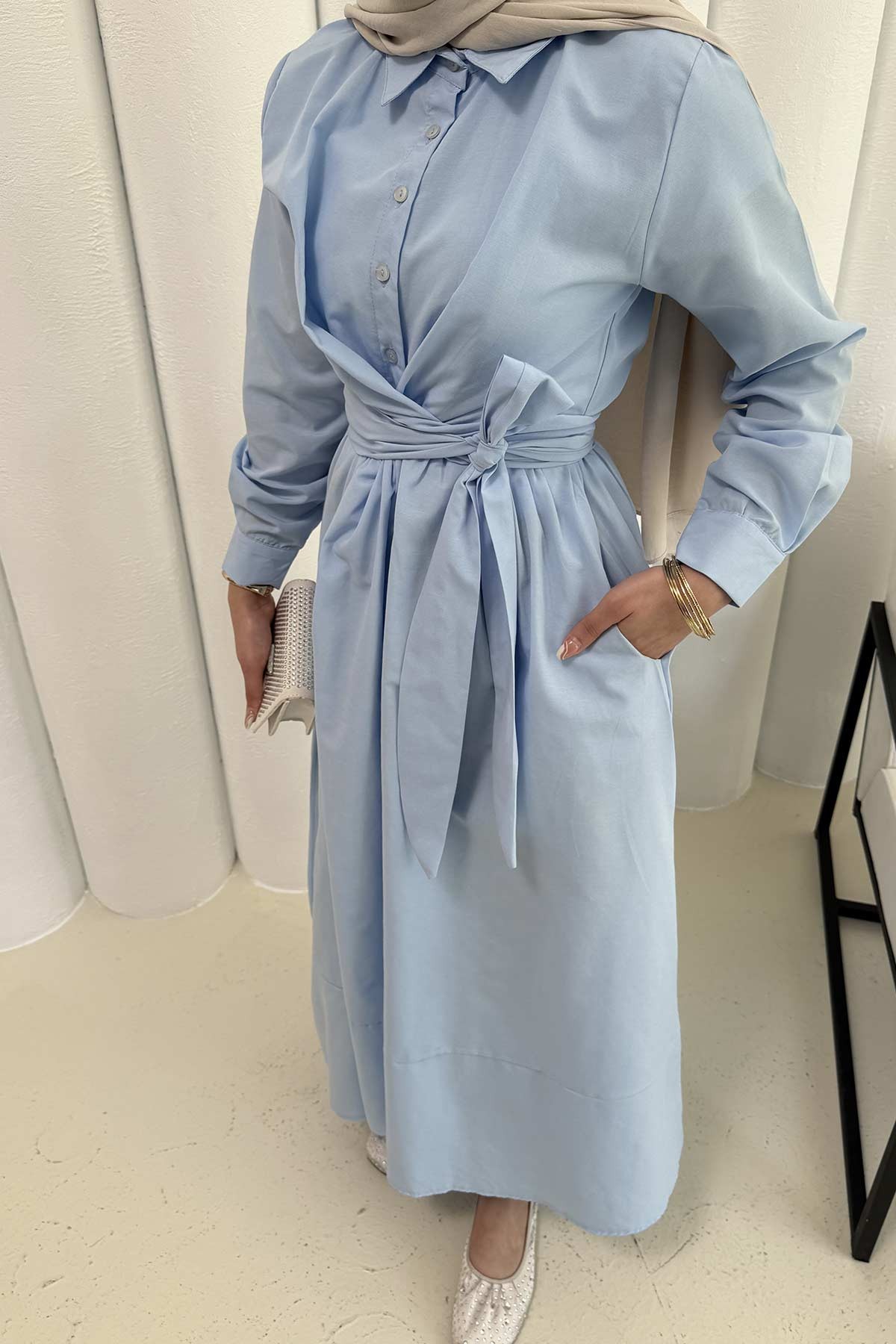 Bağlamalı Poplin Elbise 68-6163