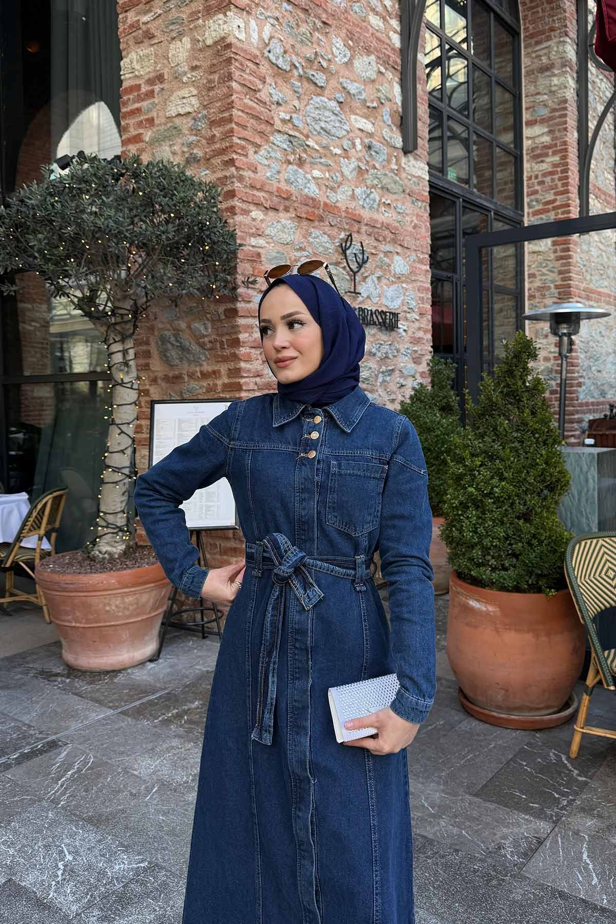 Kuşaklı Kot Elbise 3-00599