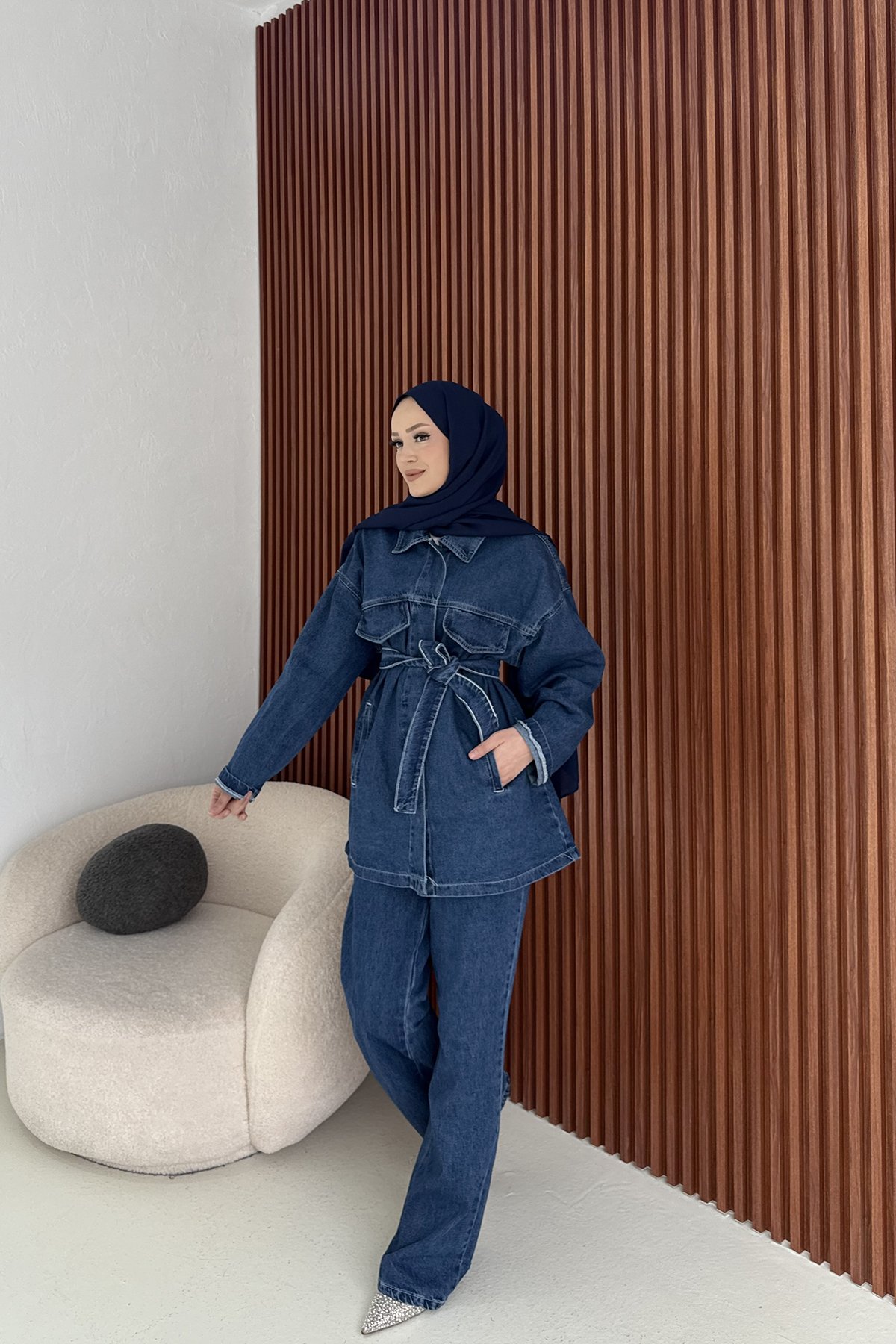Kuşaklı Denim Takım 3-597
