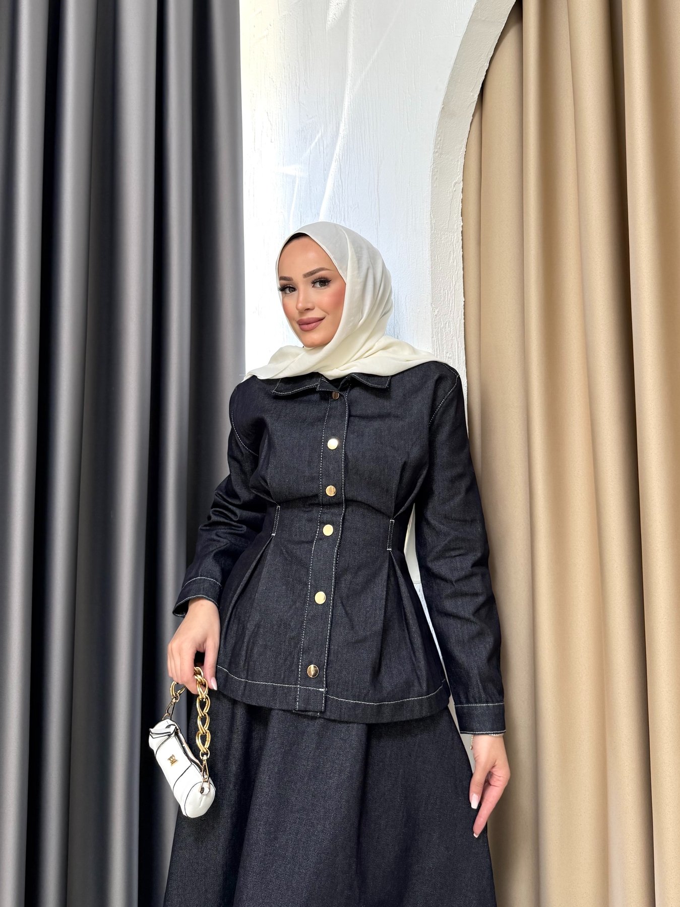 Çıtçıtlı Denim Etekli Takım 3-604