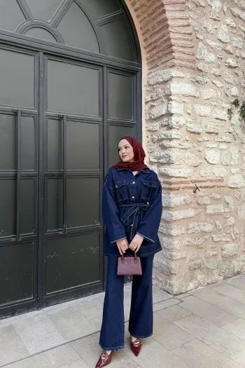 Kuşaklı Cepli Denim Takım 3-584