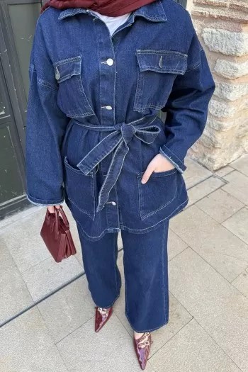 Kuşaklı Cepli Denim Takım 3-584