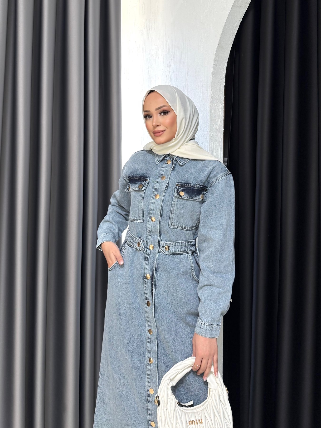 Çıtçıtlı Cepli Denim Elbise 3-0598