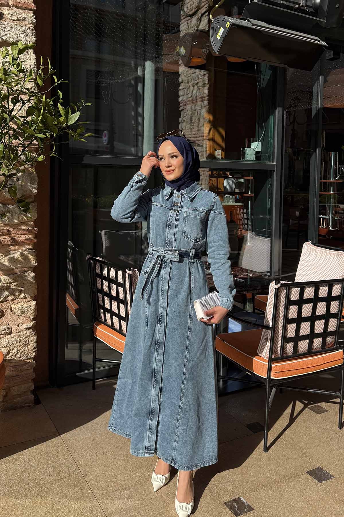 Kuşaklı Kot Elbise 3-00599