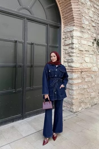 Kuşaklı Cepli Denim Takım 3-584