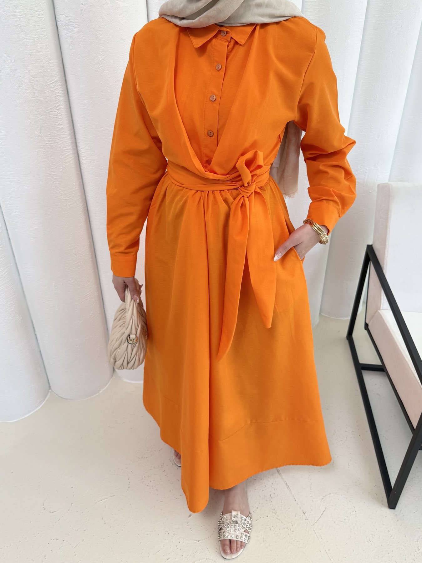 Bağlamalı Poplin Elbise 68-6163
