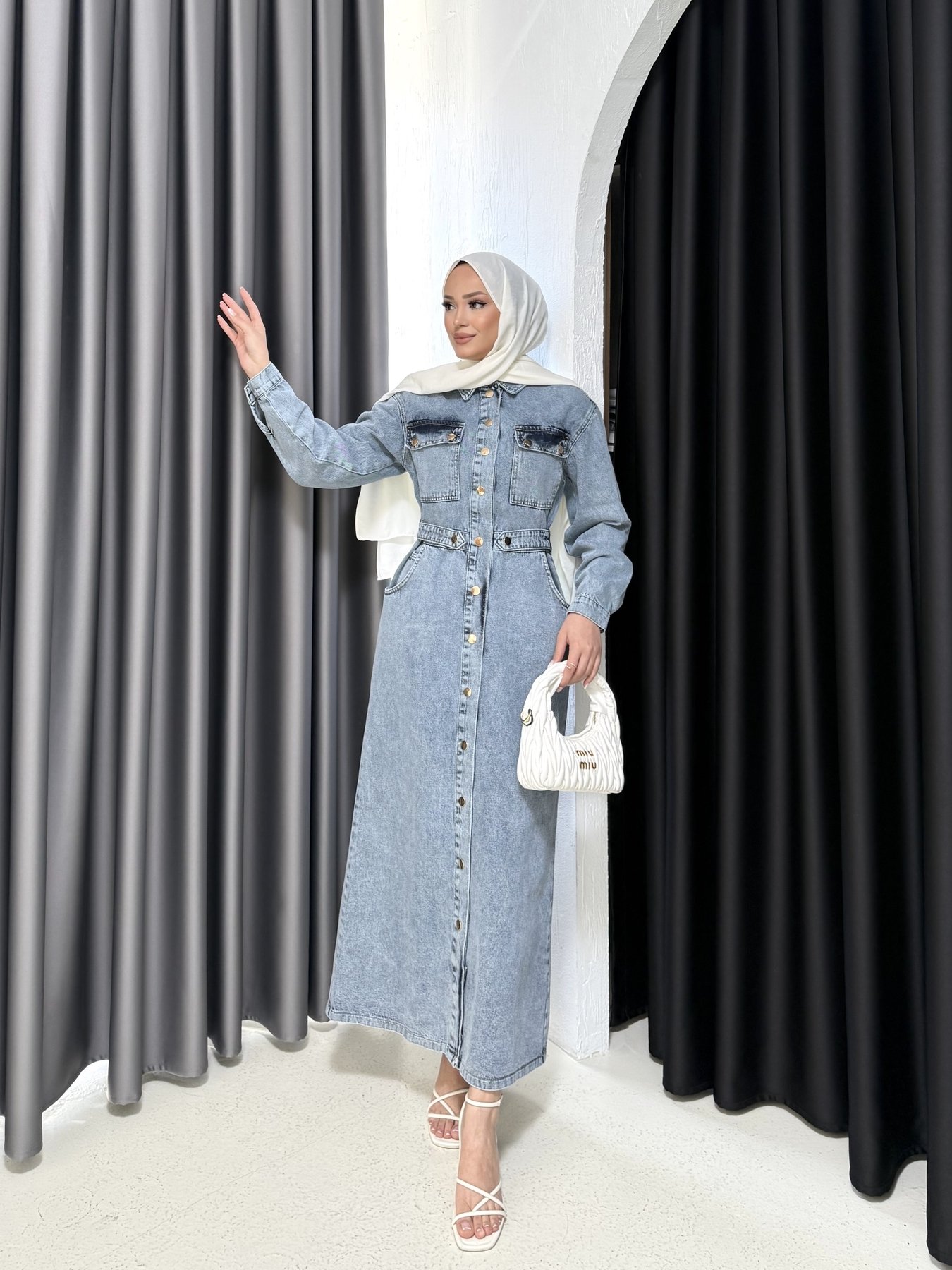 Çıtçıtlı Cepli Denim Elbise 3-0598
