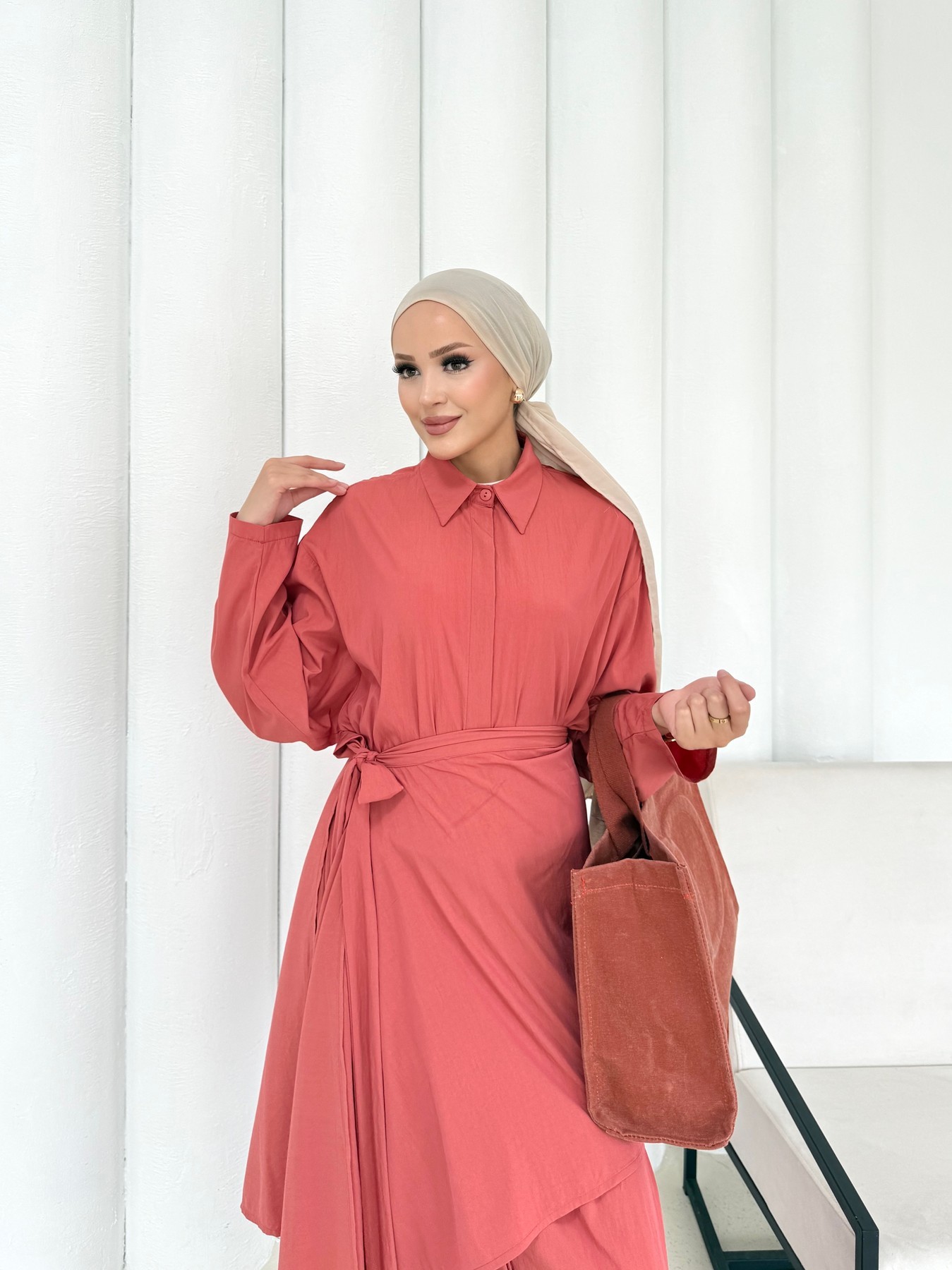 Düğmeli Bağlamalı Keten Elbise 2-1078