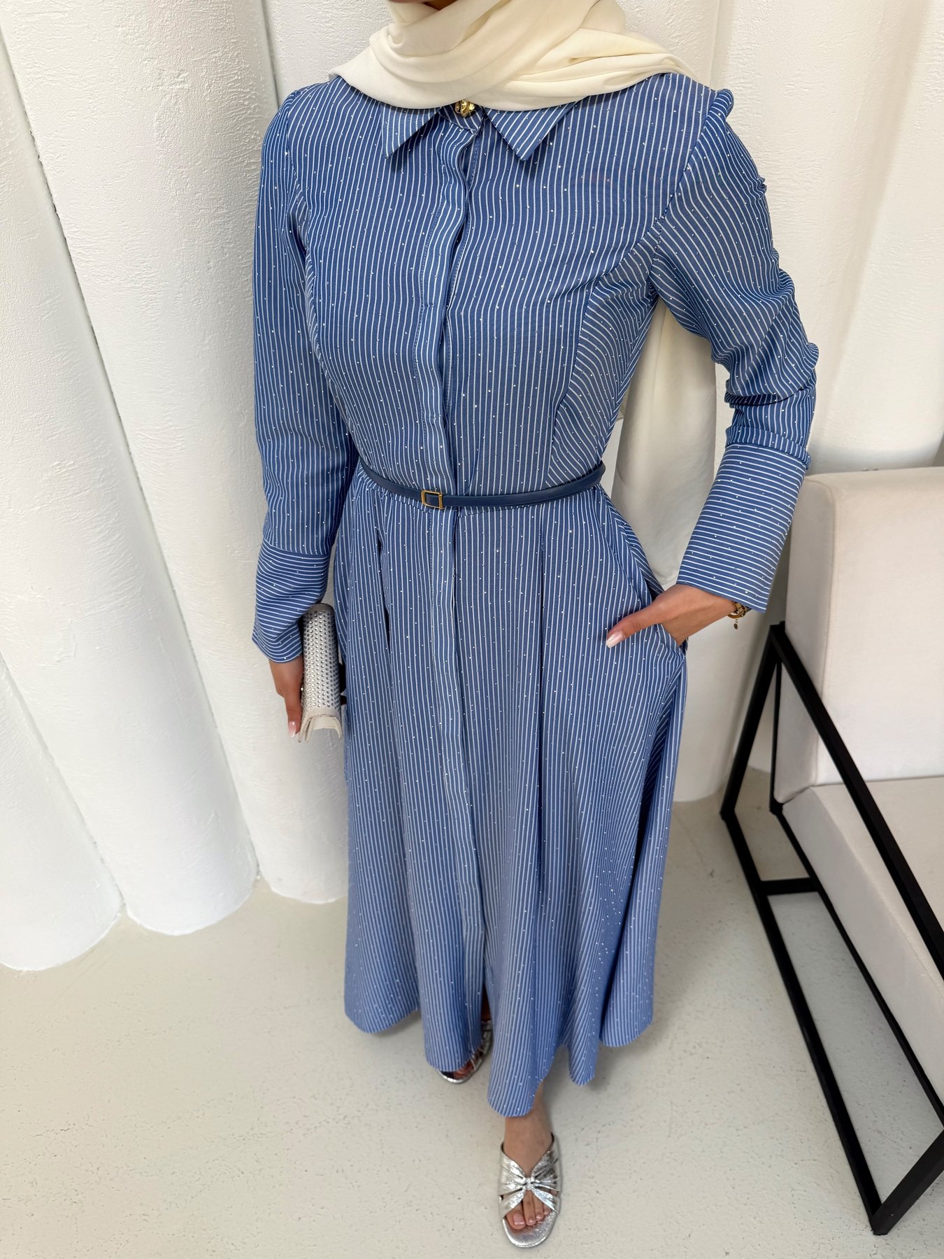 Çizgili Taşlı Kemerli Poplin Elbise 32-2341