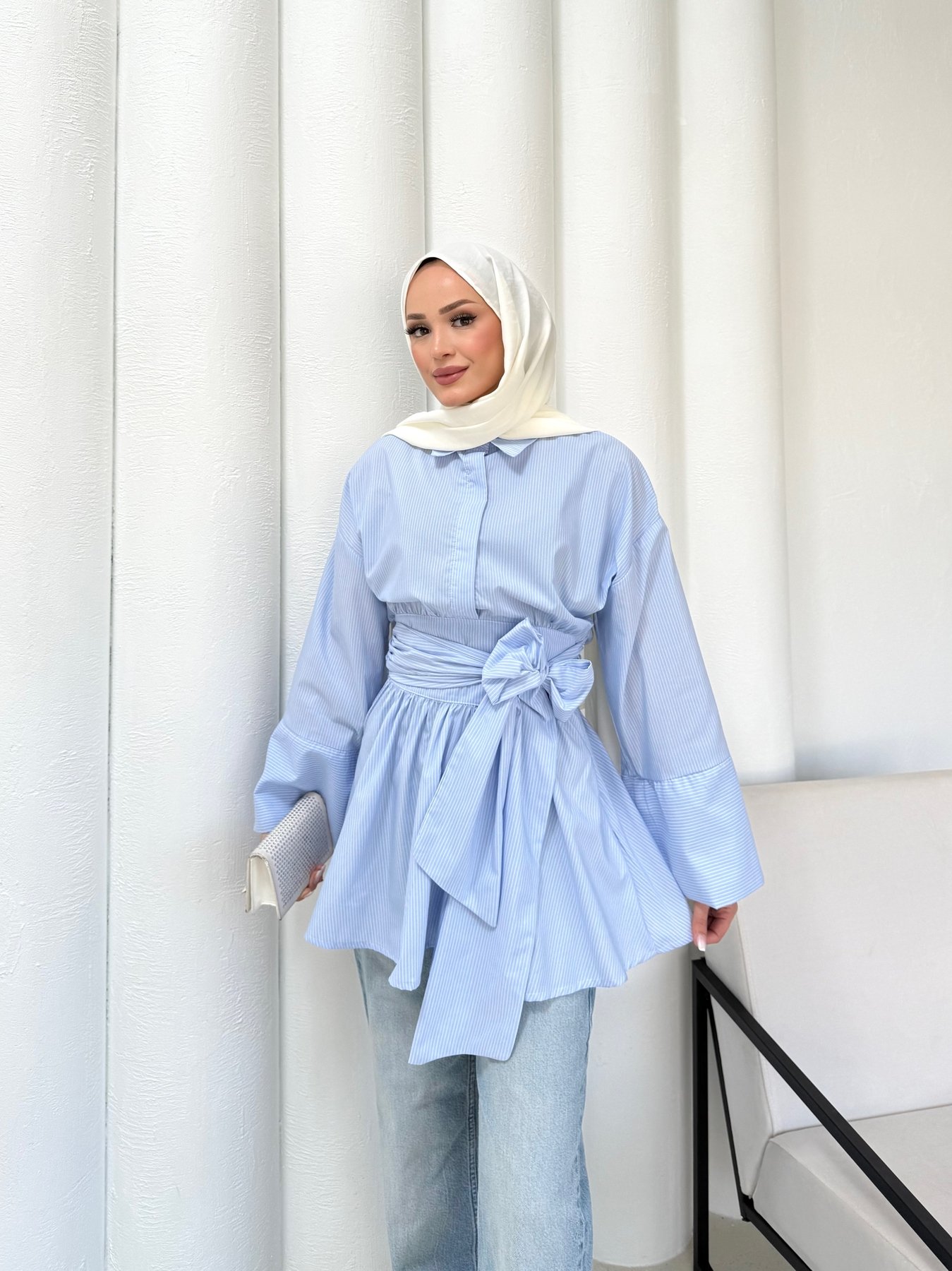Çzgili Kuşaklı Poplin Gömlek 3-3324
