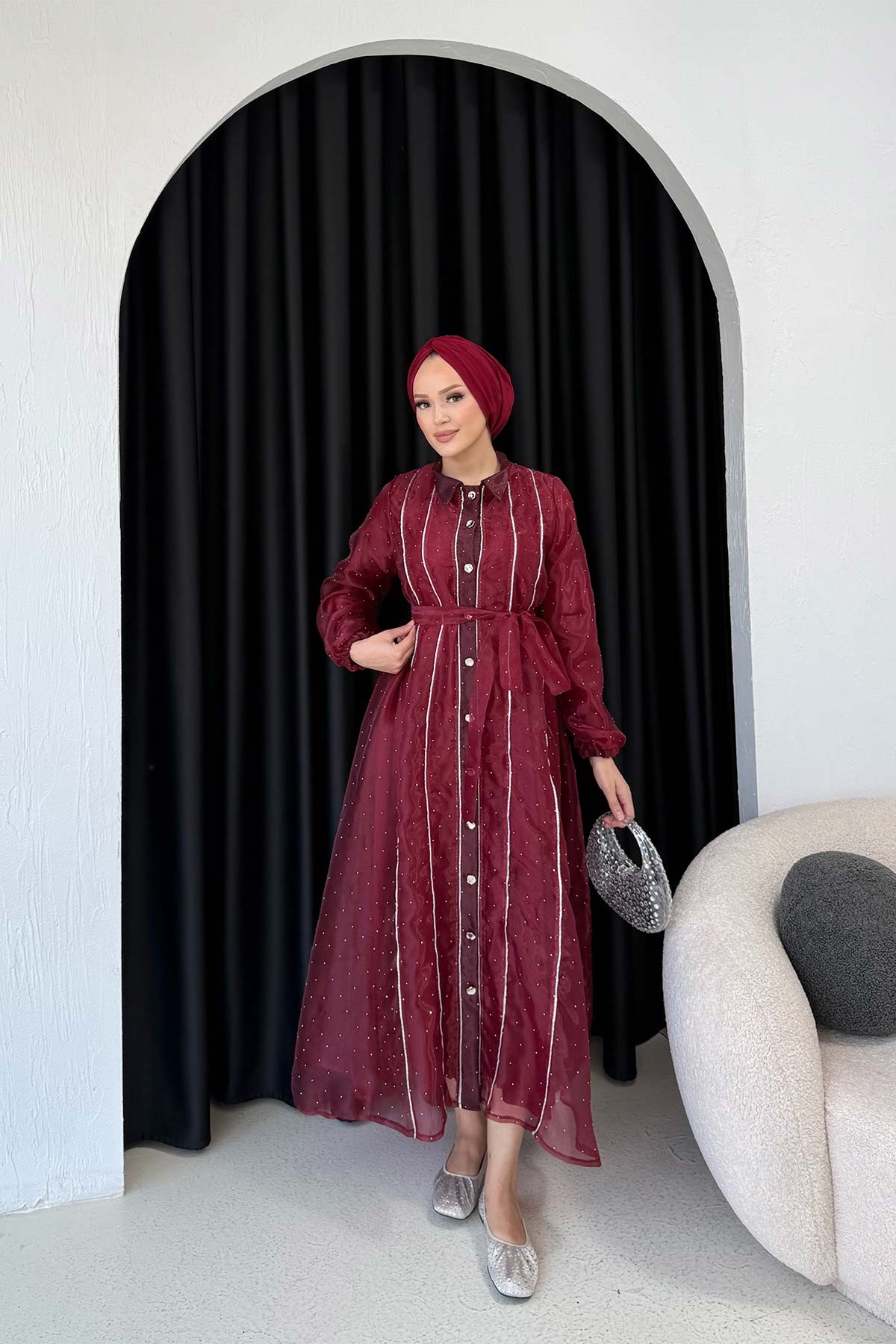 Organze Taşlı Elbise 32-3554