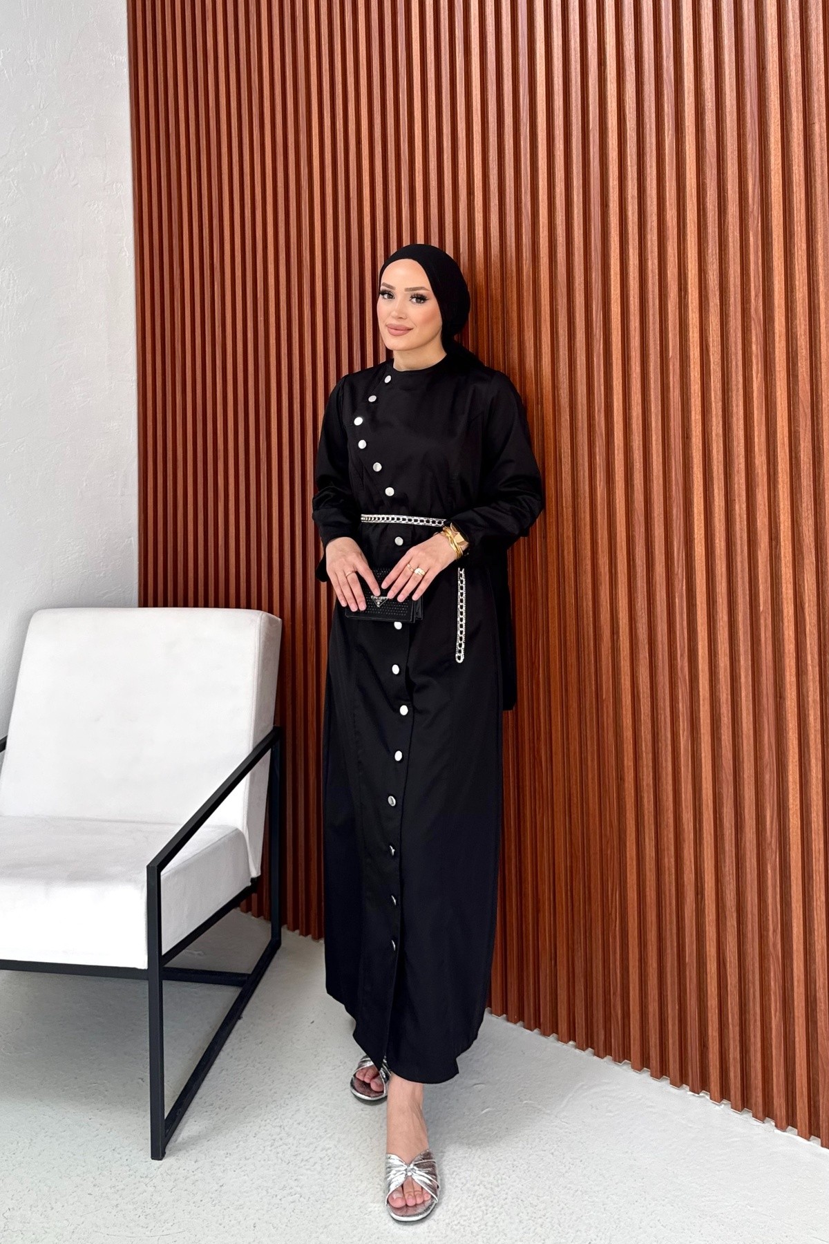 Çıtçıtlı İnce Gabardin Elbise 75-1187