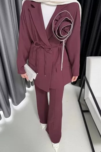Gül Broşlu Krep Ceketli Takım 32-4009