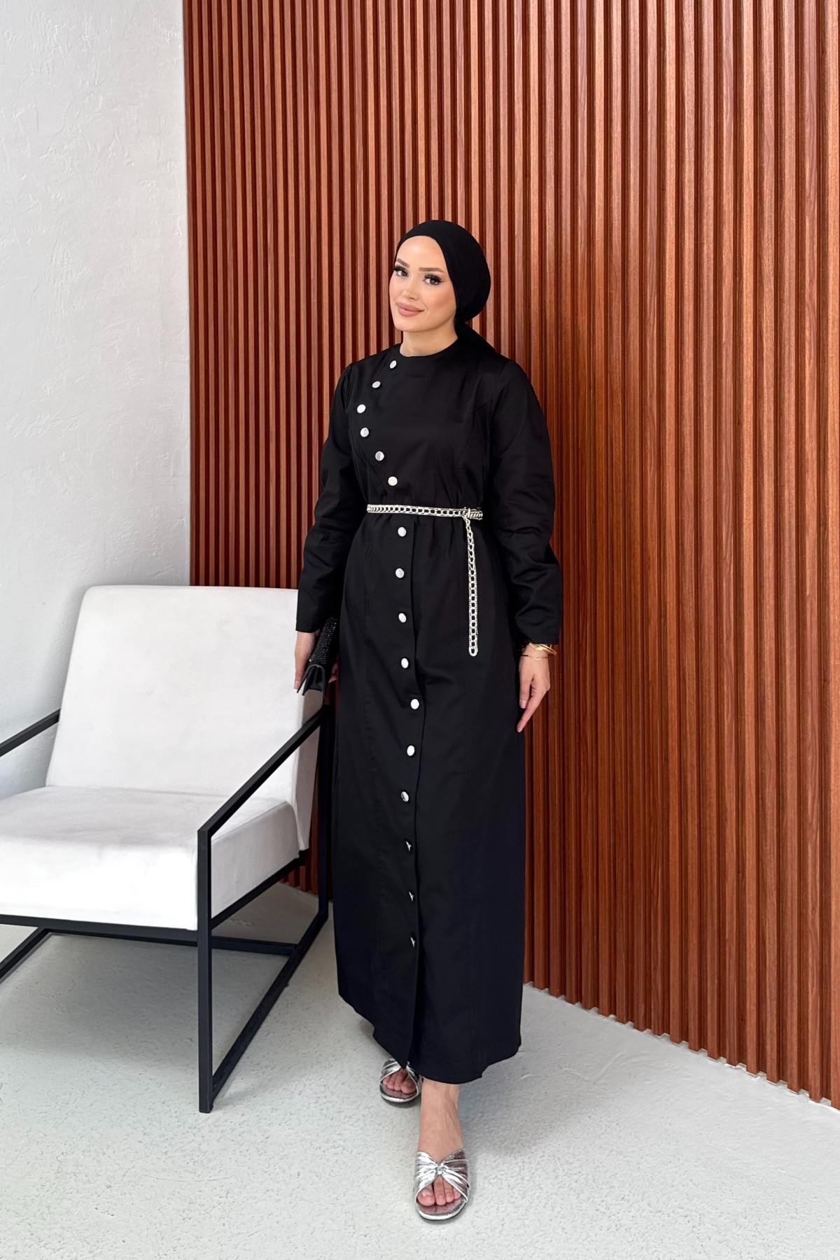 Çıtçıtlı İnce Gabardin Elbise 75-1187