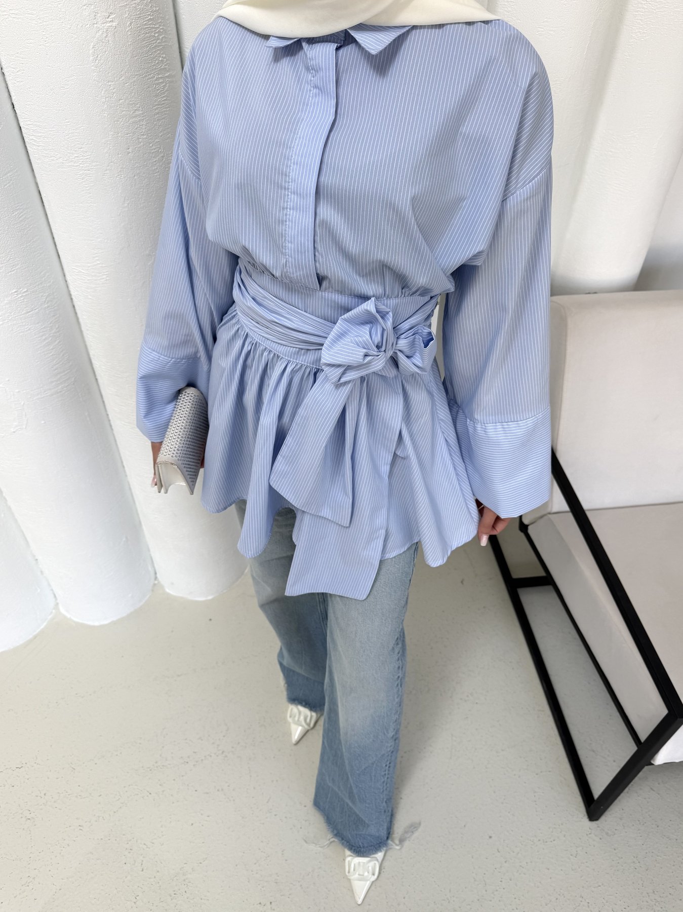 Çizgili Kuşaklı Poplin Gömlek 3-3324