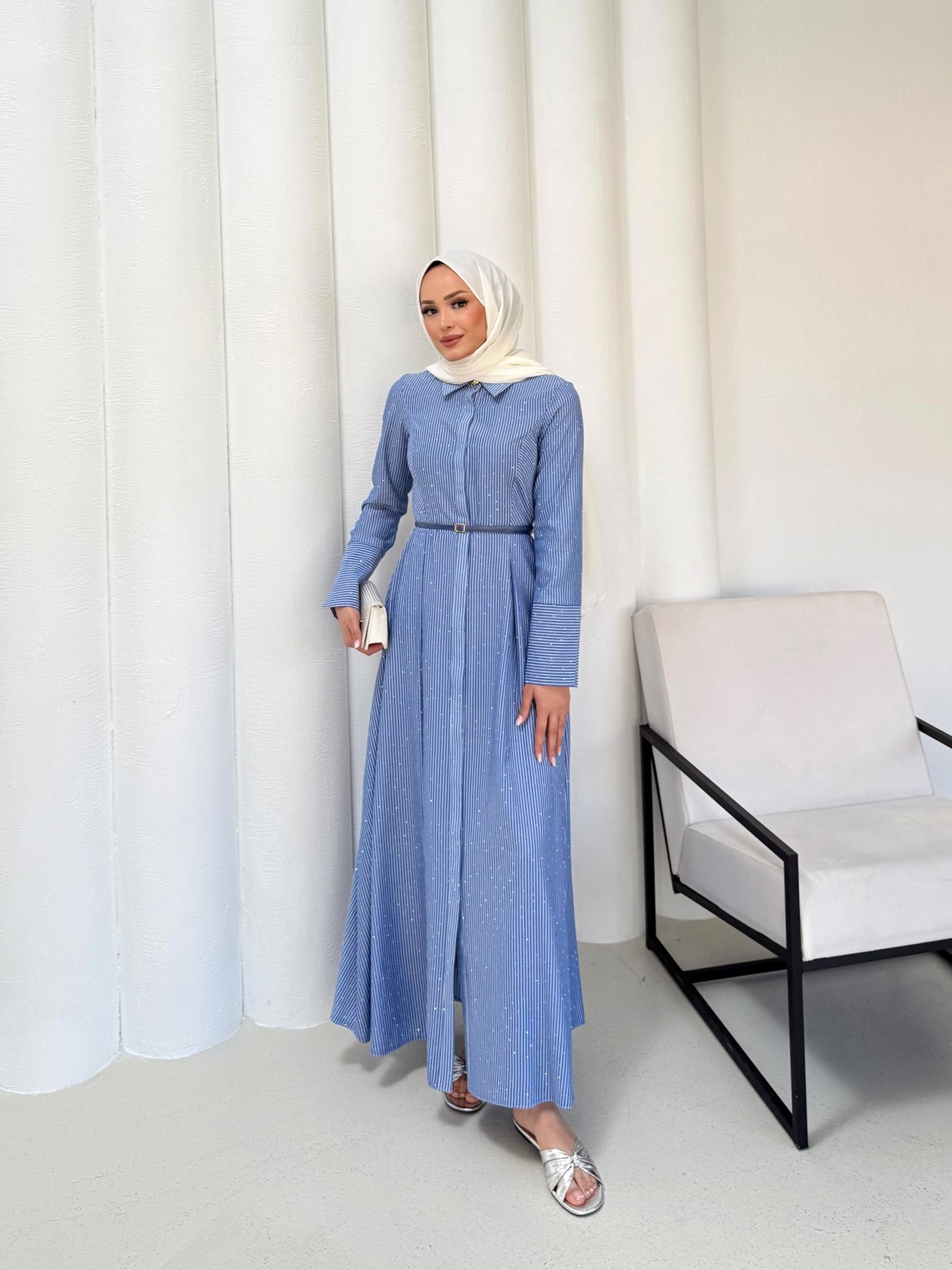 Çizgili Taşlı Kemerli Poplin Elbise 32-2341