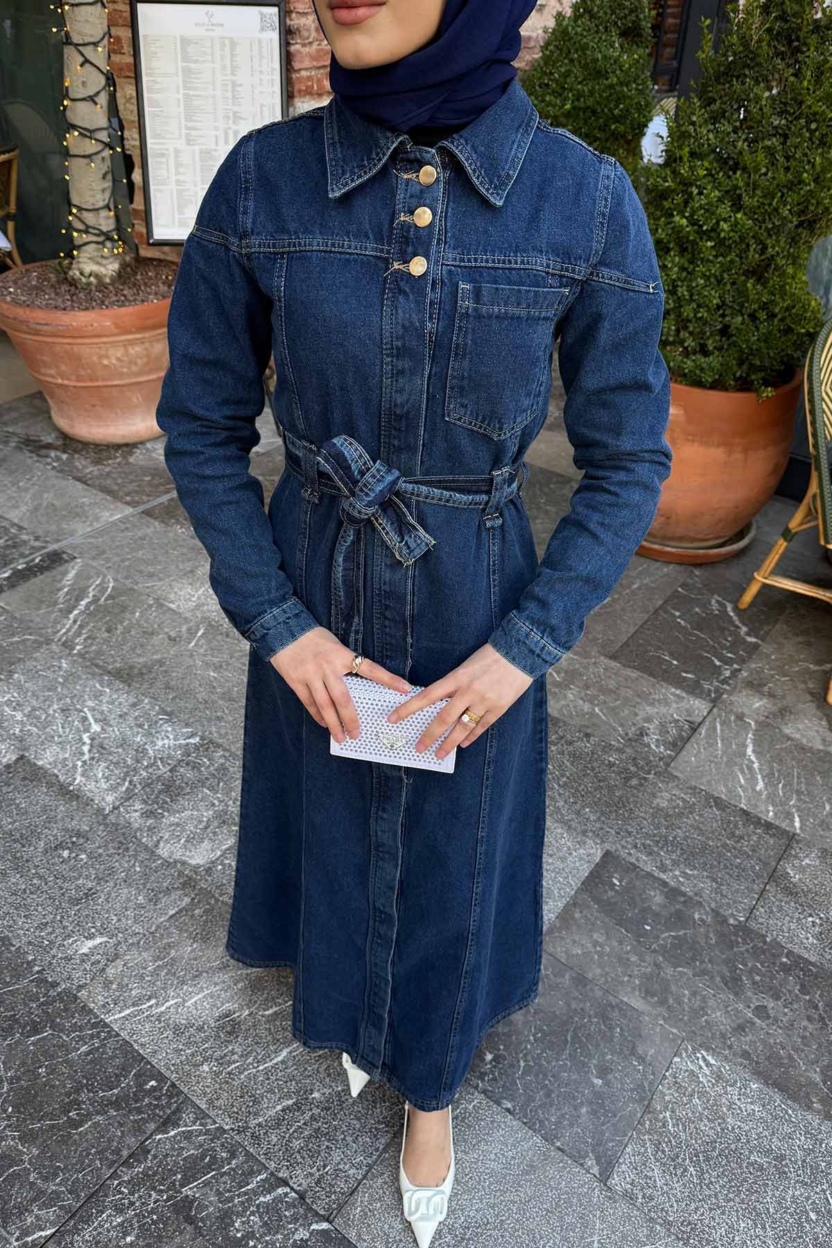 Kuşaklı Kot Elbise 3-00599