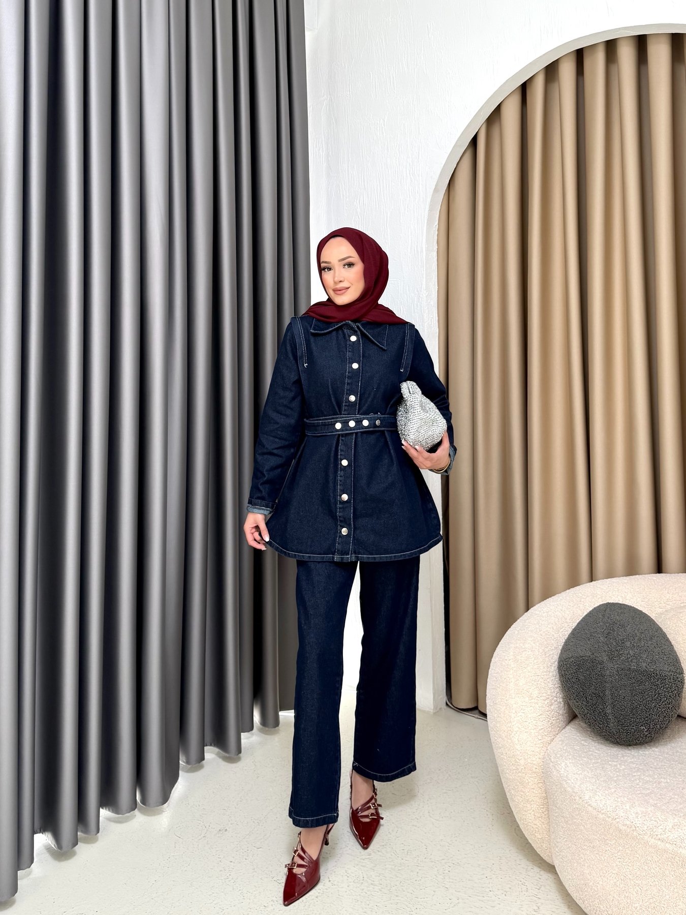 Kuşaklı Denim Takım 3-600