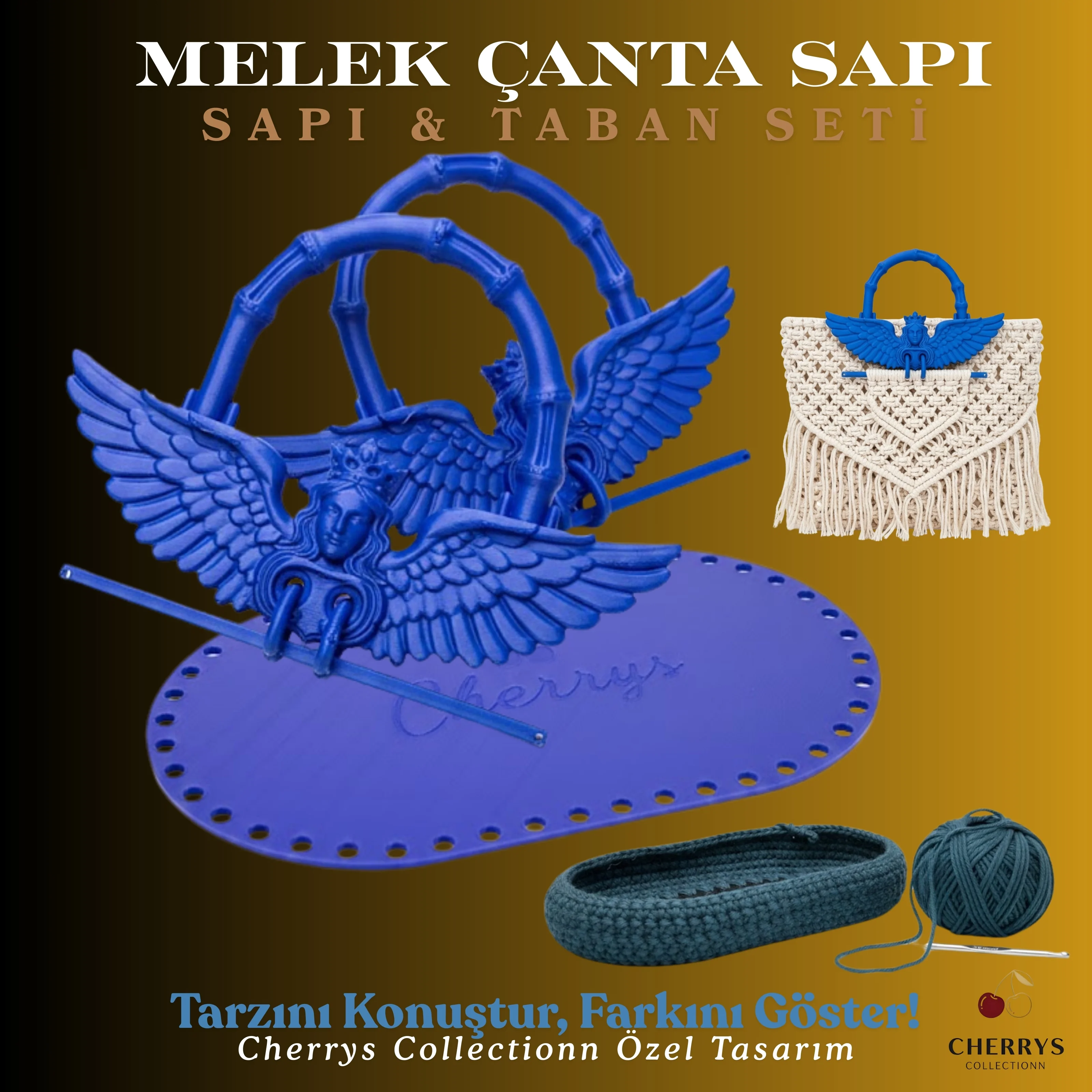 Melek Kanatlı Bambu Çanta Sapı ve Oval Örgü Taban Seti - El Yapımı Makrome Tığ İşi Çanta Aksesuarı