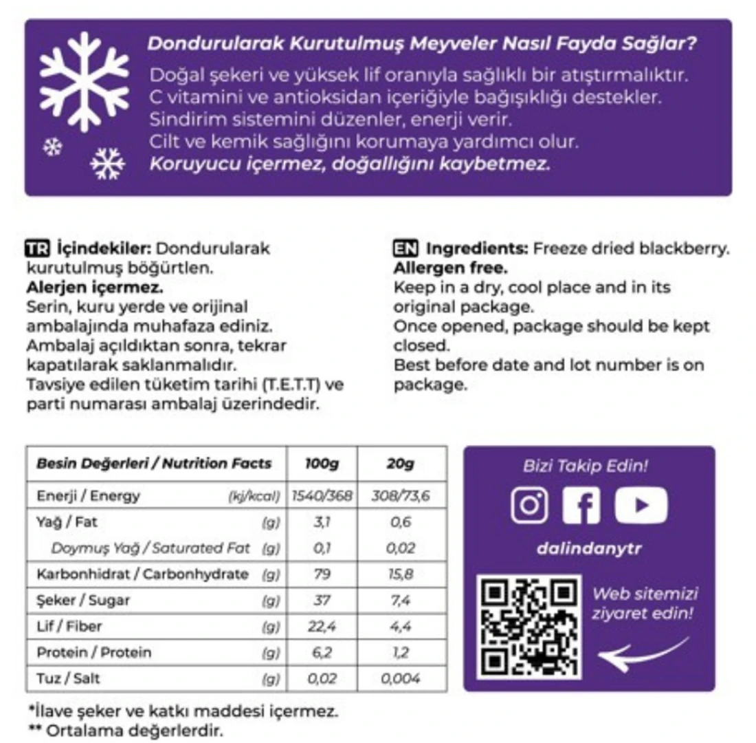 Dondurularak Kurutulmuş Böğürtlen Dilimleri 20 Gram X3
