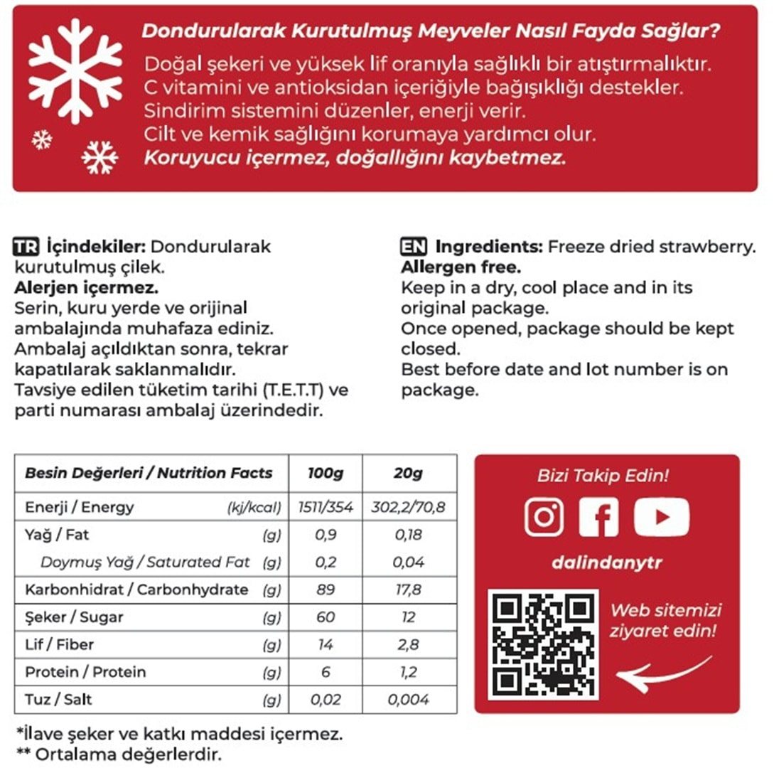 Dondurularak Kurutulmuş Çilek Dilimleri 20 Gram X3