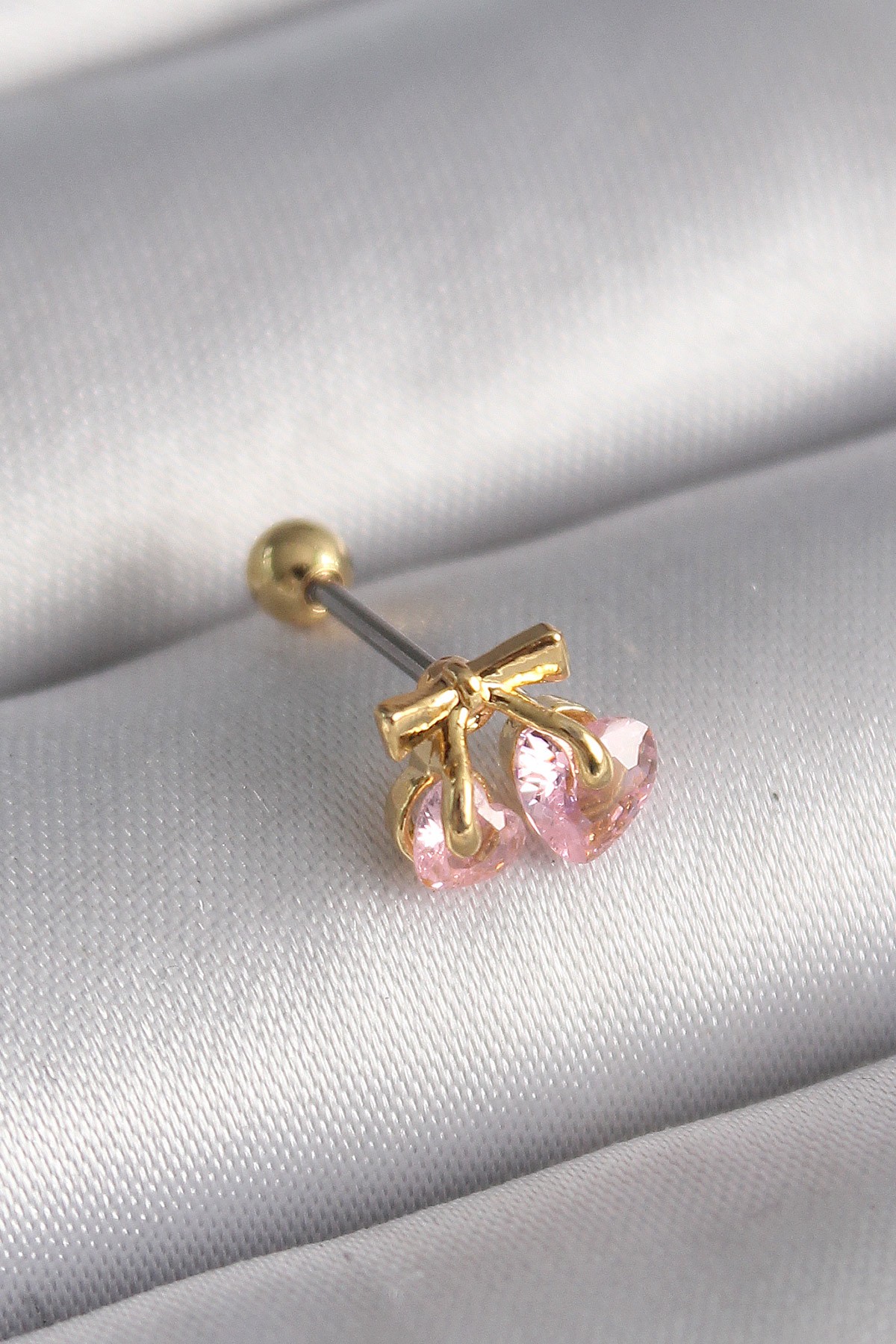 316L Çelik Gold Renk Pembe Zirkon Taşlı Kalp Tragus Piercing image