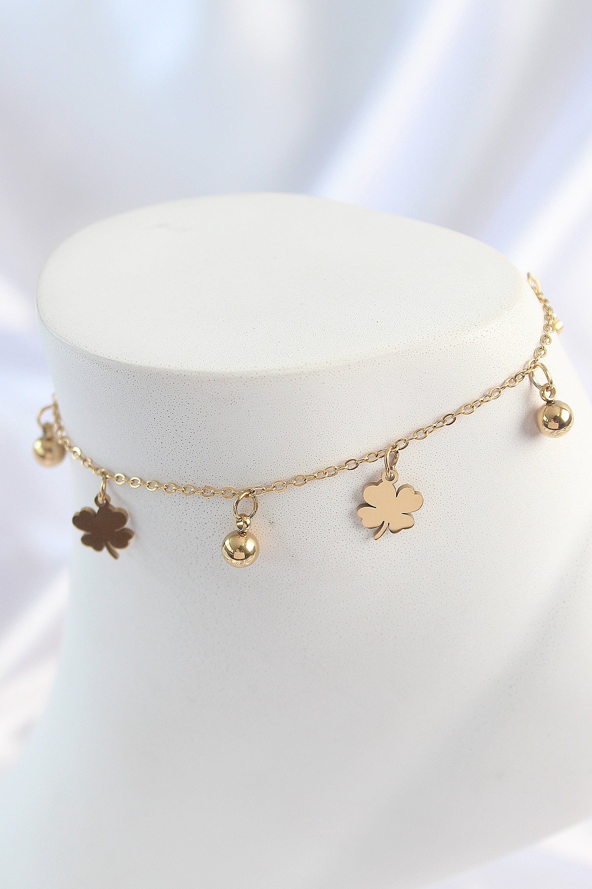 316L Çelik Gold Renk Sallantı Topçuk Yonca Model Kadın Halhal image