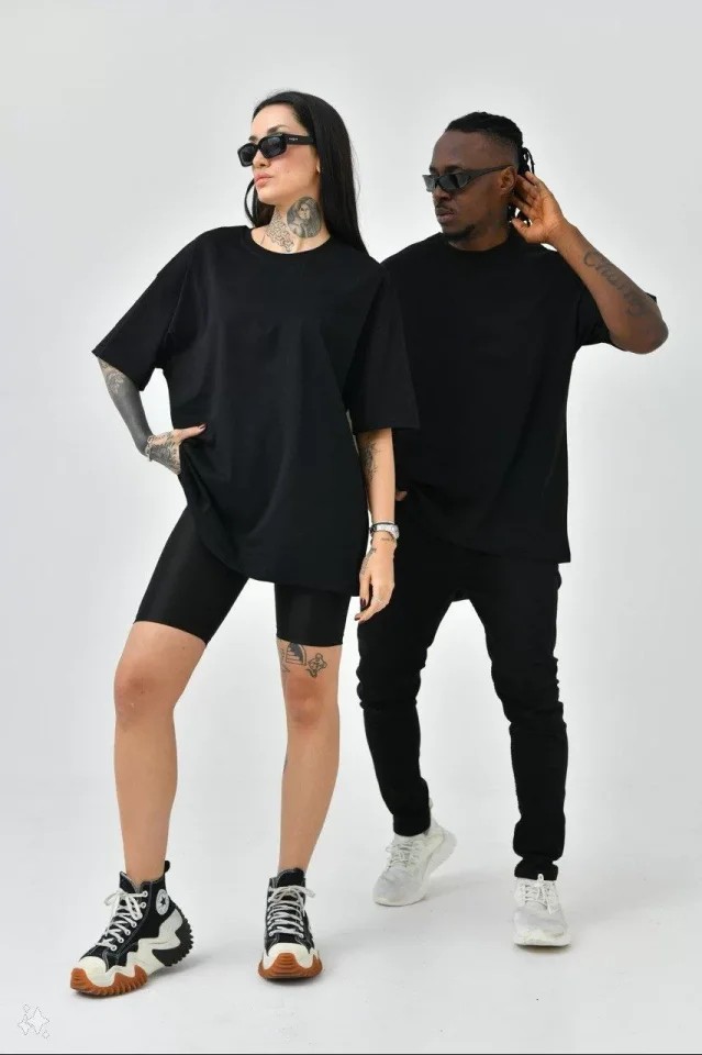 Unisex Basic Bisiklet Yaka Oversize T-Shirt - Siyah image