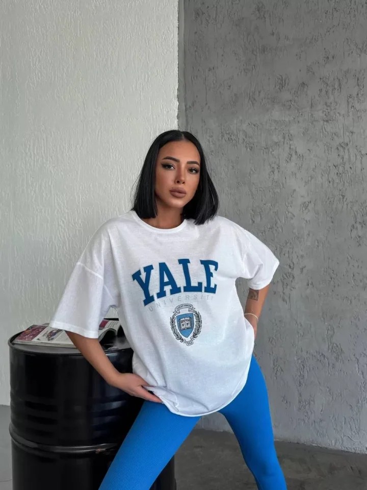 Unisex Bisiklet Yaka Baskılı Oversize T-Shirt - Beyaz image