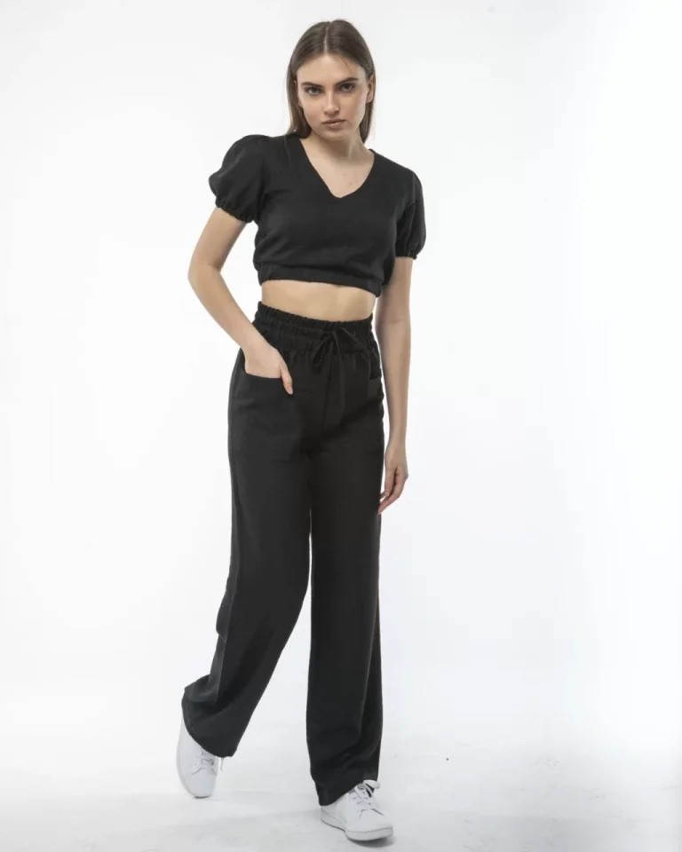 Kadin Keten Pantalon Ve Crop Takım - Siyah image