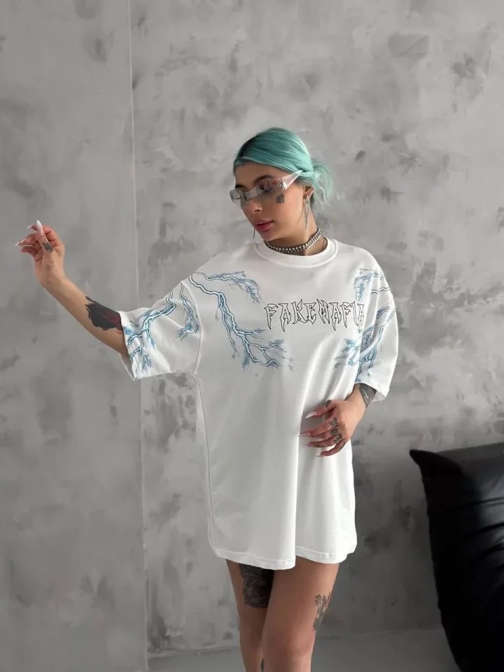 Unisex Bisiklet Yaka Baskılı Oversize T-Shirt - Beyaz image