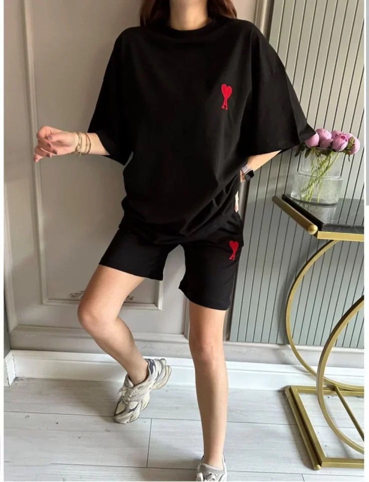 Unisex Baskılı Şortlu Oversize Takım - Siyah image