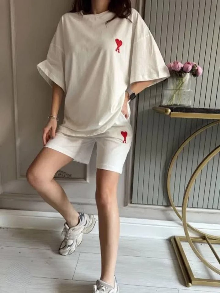 Unisex Baskılı Şortlu Oversize Takım - Beyaz image