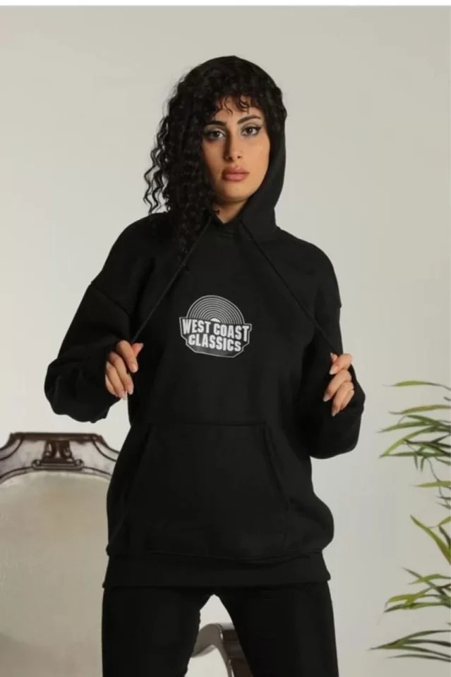 Unisex Sırt Baskılı Kapüşonlu Üç İplik Oversize Sweatshirt - Siyah image