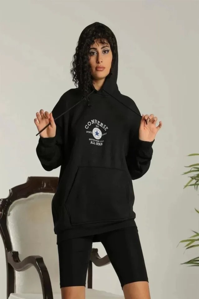 Unisex Kapüşonlu Üç İplik Oversize Baskılı Sweatshirt - Siyah image