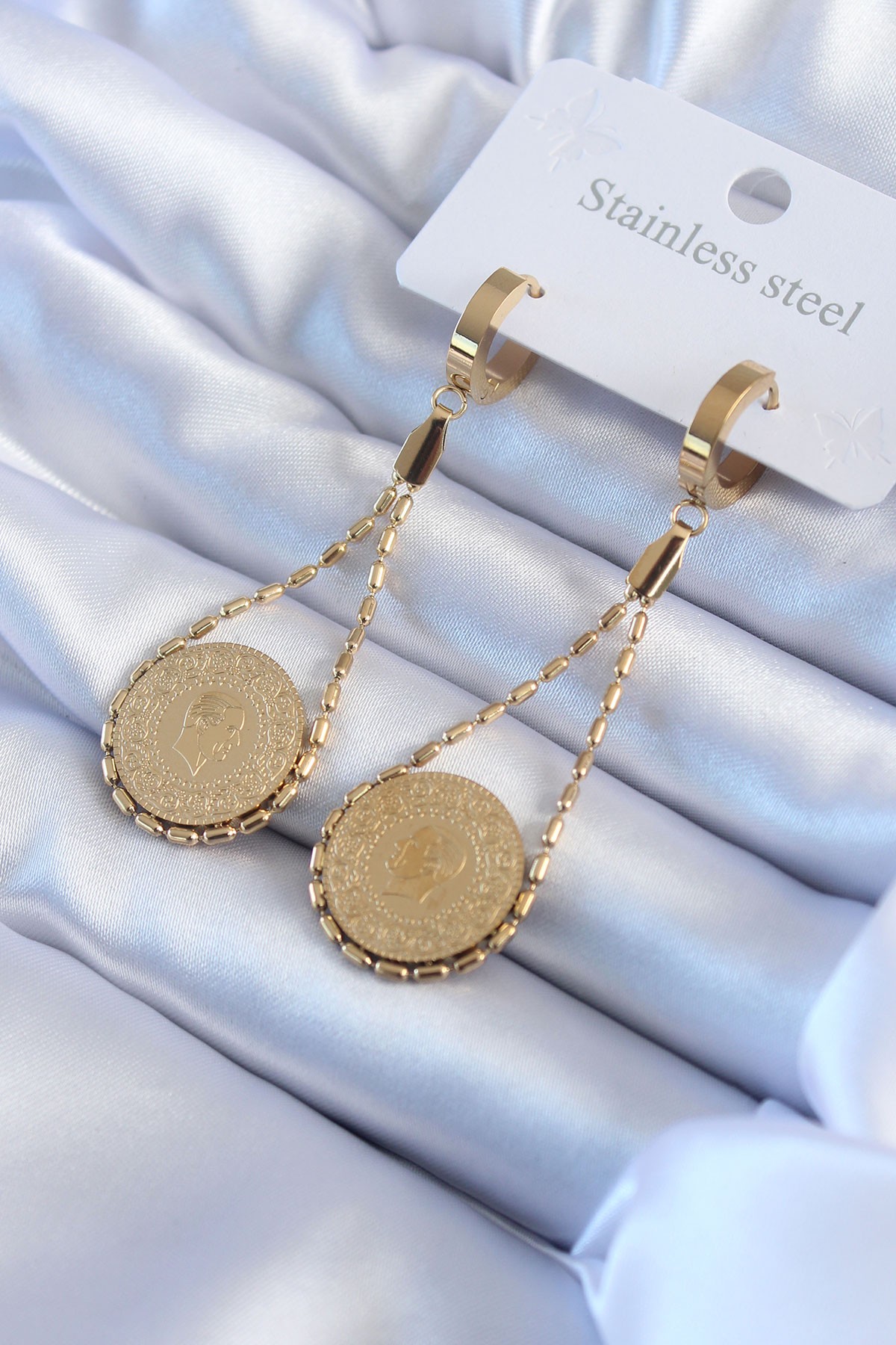 316L Çelik Gold Renk Çeyrek Model Kadın Küpe image