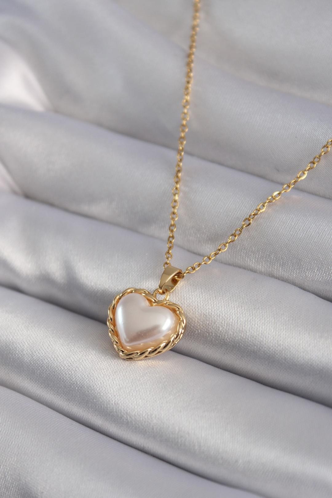 Altın Kaplama Pearl Heart Kolye